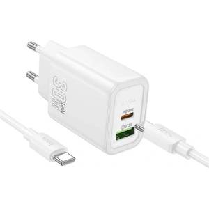 hoco. N63 Променливотоково зарядно устройство USB+Type-C гнездо 30W, PD бързо зарядно устройство 3.0 + Type-C кабел, БЯЛО N63_USB_TYPEC_TYPEC_W (N63_USB_TYPEC_TYPEC_W)
