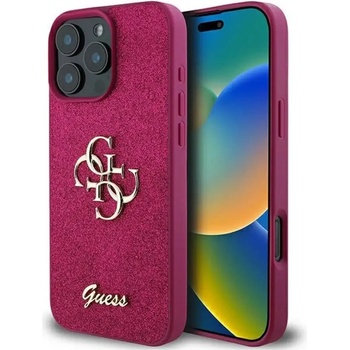 GUESS Голям калъф Guess Glitter Script 4G за iPhone 16 Pro - лилав