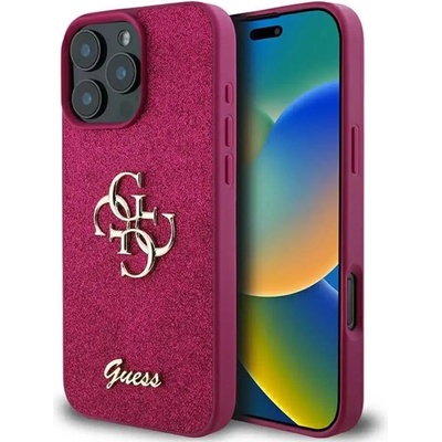 GUESS Голям калъф Guess Glitter Script 4G за iPhone 16 Pro - лилав