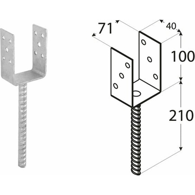DomaxL zapustená pätka stĺpika typu U PSL 70 U - 71 x 40 x 100 x 4.0 mm 6 ks