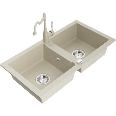 Mexen Mario гранитна кухненска мивка с 2 камери и кухненски смесител Carla, бежов - 6504-69-670700-69 (6504-69-670700-69)