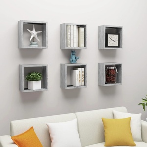 vidaXL Стенни кубични рафтове, 6 бр, бетонно сиви, 30x15x30 см (807012)