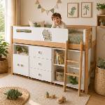 Ginger Home Детско Комбинирано Легло GINGER HOME DINO с Етажерка, Шкаф, Скрин и Подматрачна Рамка, 90x200 см (SRK-58)