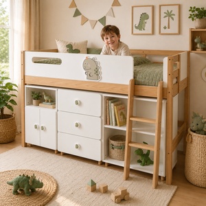 Ginger Home Детско Комбинирано Легло GINGER HOME DINO с Етажерка, Шкаф, Скрин и Подматрачна Рамка, 90x200 см (SRK-58)