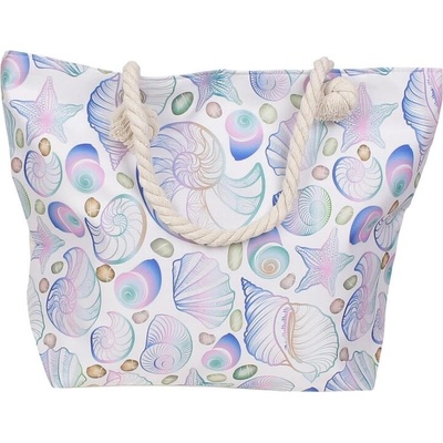 Бяла плажна чанта с рапани и морски звезди