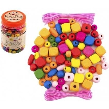 Korálky drevené farebné s gumičkami cca 300ks v plastovej dóze 7x11cm