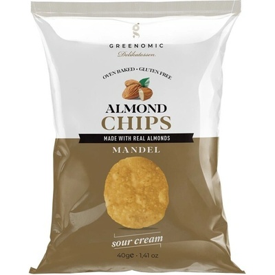 GREENOMIC Chipsy Almond Sour Cream Pečené chipsy z mandlí a fazolí s příchutí zakysané smetany 40 g