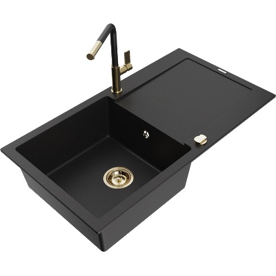 Mexen Leo гранитна мивка с една камера с дъска за отцеждане и кухненски смесител Flora, черен - 6501-77-670401-57-G (6501-77-670401-57-G)