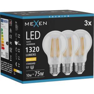 Mexen Vintis 3x LED филаментна крушка E27, A60, 10W, Топъл - 2700K, 1320 lm, прозрачен (L150-E27-1027-00x03)