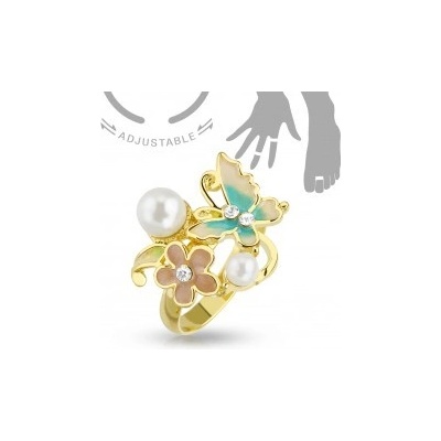 Šperky eshop Nastaviteľný prsteň na ruku alebo nohu motýľ kvet a perličky R45.28