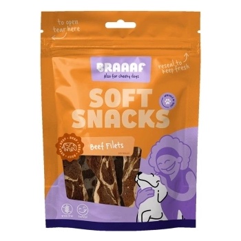 Braaaf Soft Snack Filet Beaf Аnd Fish - Меки лакомства за кучета, вкусни филета говеждо и риба, 85 гр