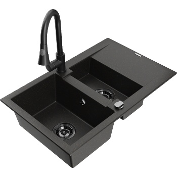 Mexen Gaspar гранитна мивка 1, 5-коморна с отцедник и кухненски смесител Elia, черен/златен металик - 6507-75-670101-70-B (6507-75-670101-70-B)