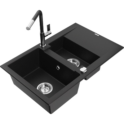 Mexen Gaspar гранитна мивка с 1, 5 камери с отцедник и кухненски смесител Flora, черен - 6507-77-670401-07 (6507-77-670401-07)