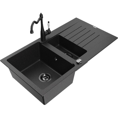 Mexen Matias гранитна мивка 1, 5-камерна с отцедник и кухненски смесител Carla, черен/сребрист - 6502-73-670700-70-B (6502-73-670700-70-B)