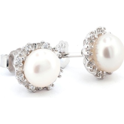 Rafity stříbrné náušnice s bílou perlou a zirkony E0186PZ-0506