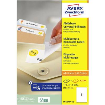 Avery-Zweckform L4735REV-25 210 x 297 mm papier biela 30 ks premiestniteľné univerzálne etikety atrament, laser, kópie; L4735REV-25