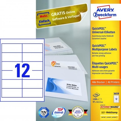 Etikety univerzálne 97x42,3mm Avery A4 100 hárkov