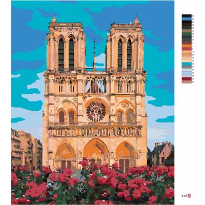 Zuty Malování podle čísel NOTRE DAME V PAŘÍŽI A ČERVENÉ KVĚTINY