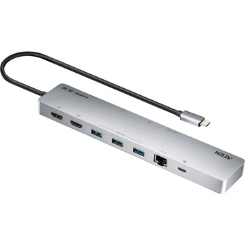ATEN Докинг станция ATEN UH3240, от USB-C към 2x USB-C, 3x USB-A, 2x HDMI, 1x AUX, 1x RJ45, 1x SD четец, 1x MicroSD четец, сива (UH3240)