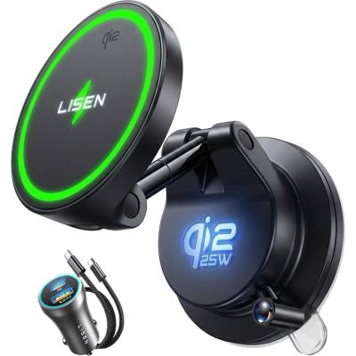Lisen Стойка за кола с безжично зарядно Lisen W608 Pro (YL0225090001) - вакуумна смукателка, 25W, Qi2.2 - Черен