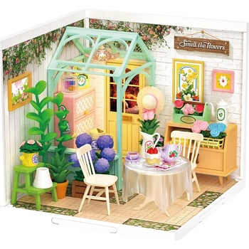 RoboTime Miniatura domečku Posezení s čajem v kvetoucí zahradě