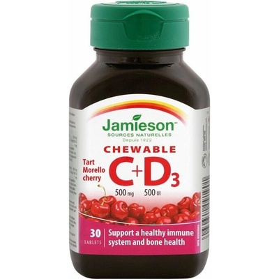 Jamieson Vitamíny C a D3 500 mg/500 IU tablety na cucání s příchutí třešně 30 tablet
