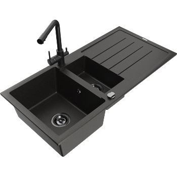Mexen Andres гранитна мивка с 1, 5 камери с отцедник и кухненски кран Duero, черно/златно - 6515-75-671600-70-B (6515-75-671600-70-B)