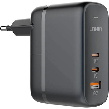 LDNIO GaN Fast Wall Charger 65W - захранване за ел. мрежа с USB-A и 2xUSB-C изходи с технология за бързо зареждане и USB-C към USB-C кабел (черен)