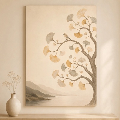 Obraz na plátně - Strom života Ptáček Ginko Biloba FeelHappy.cz Rozměr (Šířka/Výška): 30 x 40 cm