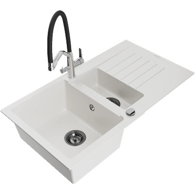 Mexen Matias гранитна мивка с 1, 5 камери с отцедник и кухненски смесител Duo, бял - 6502-20-671701-07-B (6502-20-671701-07-B)