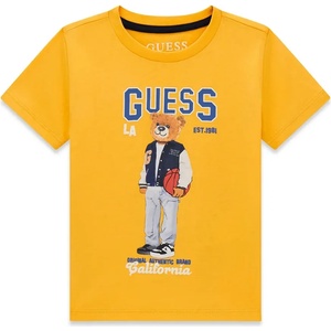 GUESS Тениска в жълт цвят за мини момче с цветно мече и син надпис Guess