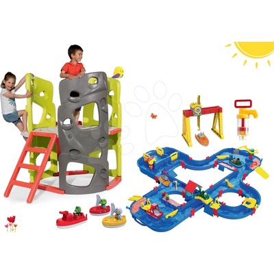 Smoby set preliezačka Multi-Activity Tower na šplhanie so šmykľavkou a vodná dráha AquaPlay Go so žeriavom a vodnou pumpou 840201-16