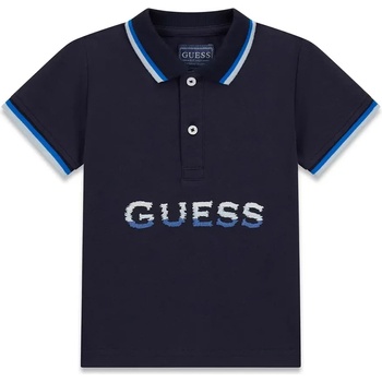 GUESS Тъмносиня тениска с яка за мини момче с трицветен надпис Guess