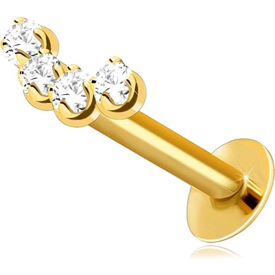 Šperky eshop piercing do rtu a brady ze žlutého zlata tvar obloučku ze čtyř čirých zirkonů S2GG206.61
