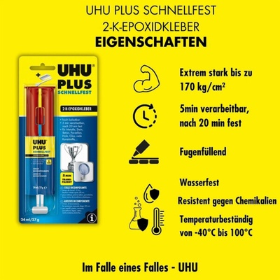 Uhu Plus rychletuhnoucí dvousložkové epoxidové lepidlo, dvoukomponentní stříkačka, transparentní, 27 g
