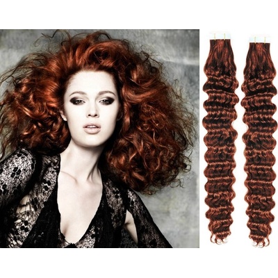Vlasy pro metodu Pu Extension / TapeX / Tape Hair / Tape IN 60cm kučeravé - medená