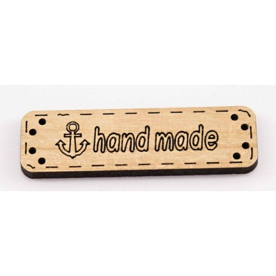 Našívacia drevená štítok Hand made - smotanová - rozmer 4,8 x 1,5 cm