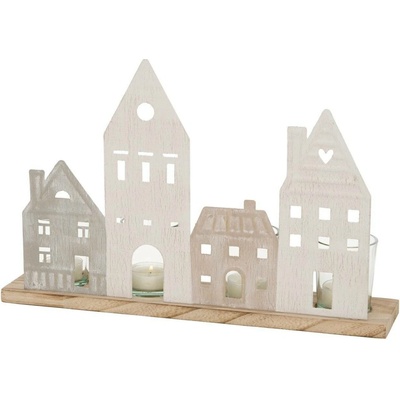 Boltze Home Svícen na čajovou svíčku, dřevěné domečky, NORDY, 24 x 36 cm béžová