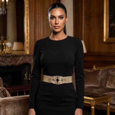 Accessories Italy Dámský zlatý elastický pásek opasek se štrasovou zlatou sponou