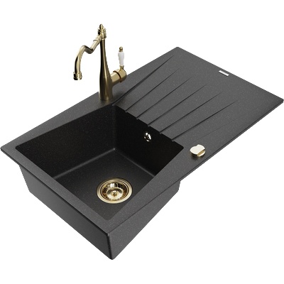 Mexen Cesar гранитна мивка с 1 отделение с отцедник и кухненски смесител Carla, черен/сребърен металик - 6514-73-670700-50 (6514-73-670700-50)