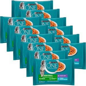 PURINA ONE INDOOR с риба тон и зелени фасул в сос, с телешко и моркови в сос, 48 x 85 г