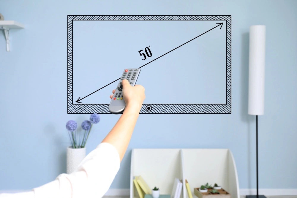 Žena s ovládačom virtuálne vyberá uhlopriečku TV