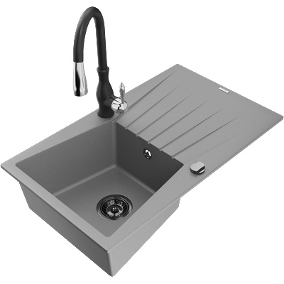 Mexen Cesar кухненска мивка от гранит с 1 отделение с отцедник и кухненски смесител Savita, сиво - 6514-71-672601-70-B (6514-71-672601-70-B)