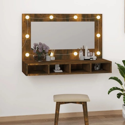 vidaXL Огледален шкаф с LED, опушен дъб, 90x31, 5x62 см (820457)