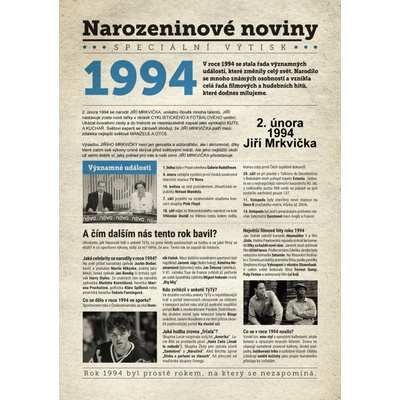 Narozeninové noviny 1994 s vlastním textem a fotografií S textem