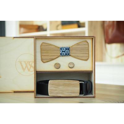 Wood Style Set Hranatý WS Modrotisk opasek motýlek a manžetové knoflíčky Hnědá Dub