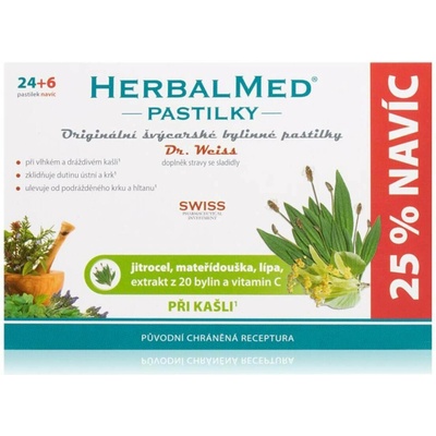 HerbalMed pastilky Jitrocel Mateřídouška Lípa Vitamín C 24+6 pastilek