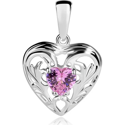Šperky eshop Stříbrný přívěsek 925 zdobené srdce s růžovým zirkonovým srdíčkem O14.18