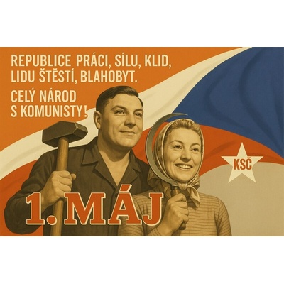 Ceduľa 1. Máj - Republice práci, sílu, klid, lidu štěstí, blahobyt.