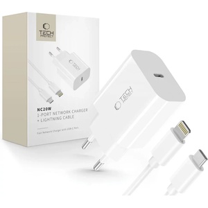 Tech-Protect NC20W 1-портово мрежово зарядно устройство PD20W + бял Lightning кабел (5906302362899)